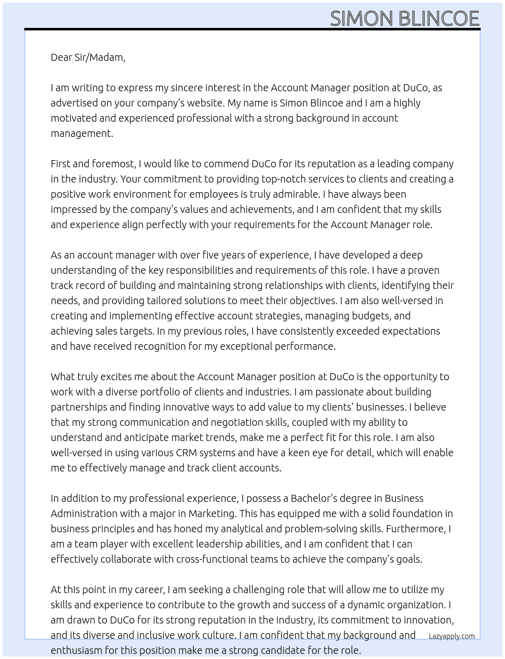 Account manager  At DuCo Cover Letter