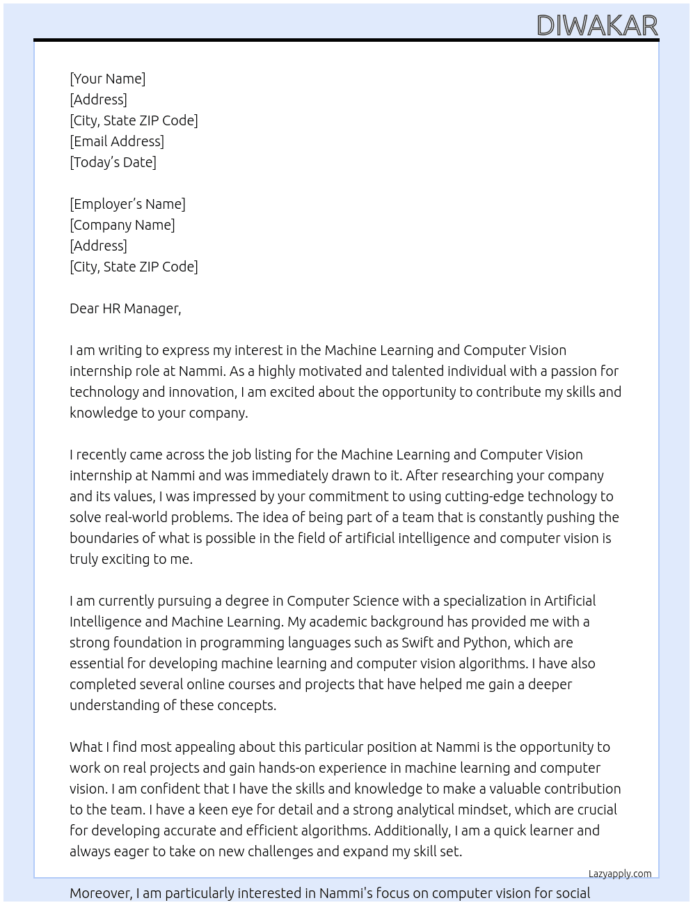 machine learning,computer vision At Nammi Cover Letter