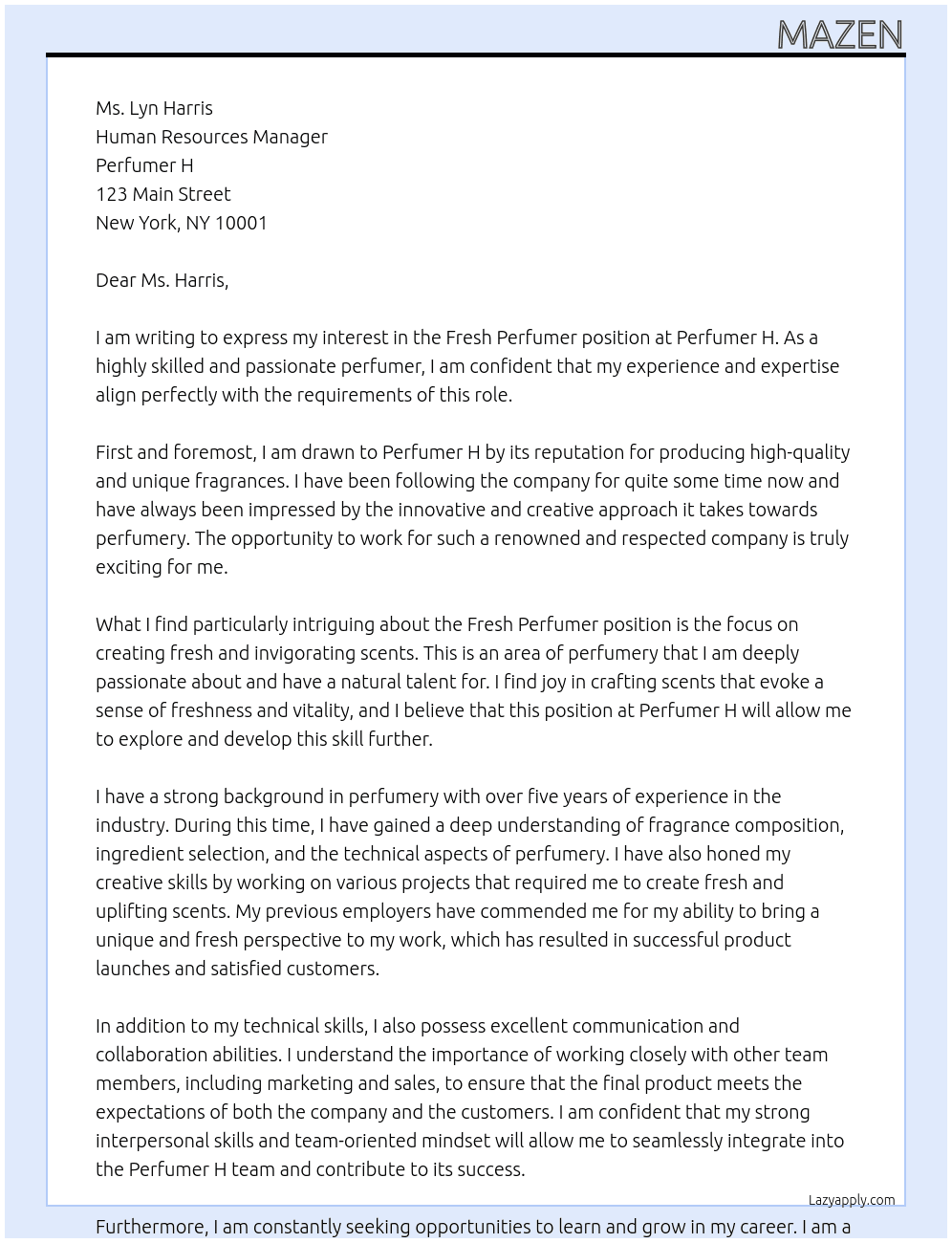 Fresh Perfumer  At Perfumer H Cover Letter