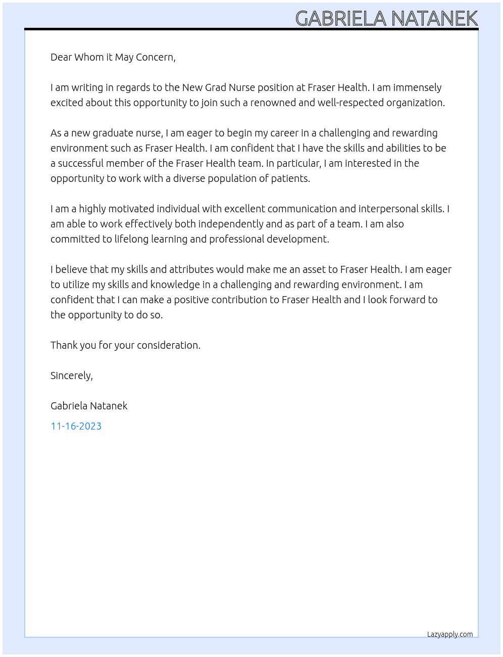 New Grad Nurse At Fraser Health Cover Letter