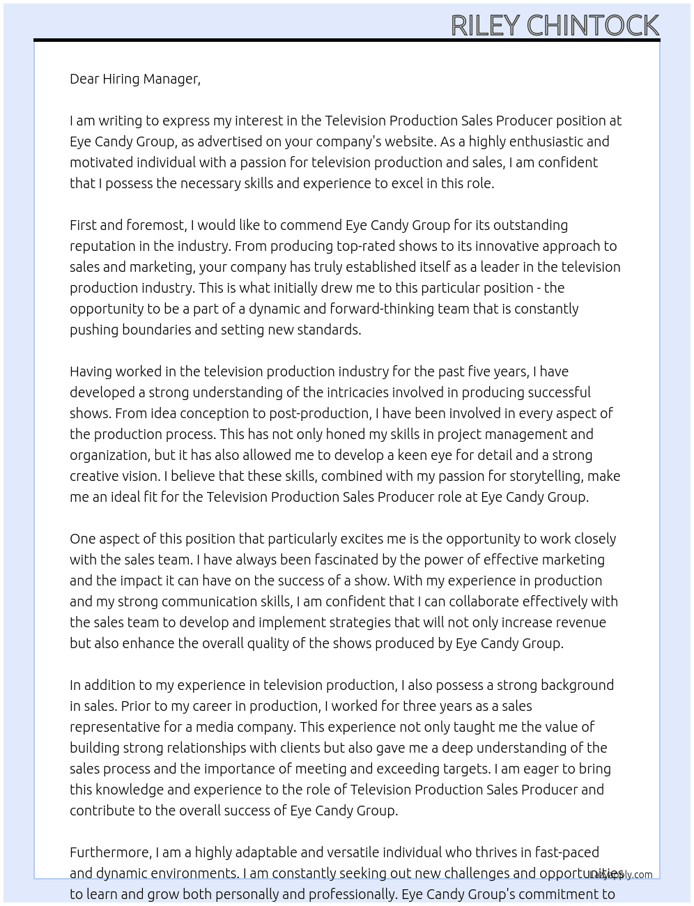 Television Production Sales Producer At Eye Candy Group Cover Letter
