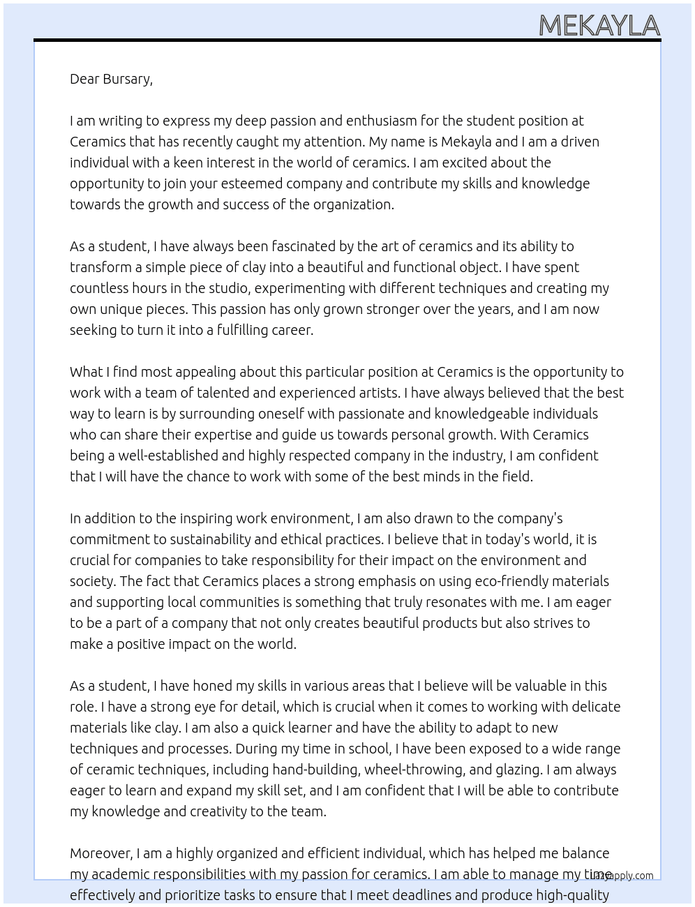 student At ceramics Cover Letter