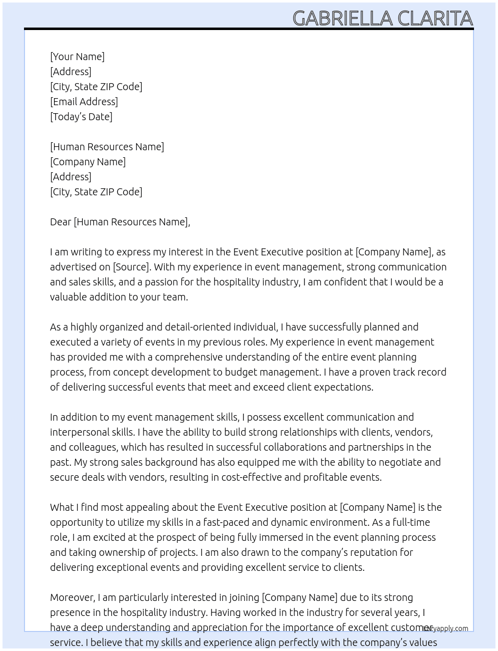 Event Executive At Hotel Cover Letter
