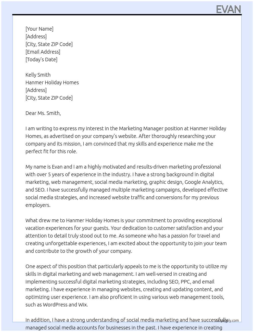 Marketing manger At Hanmer Holiday Homes Cover Letter