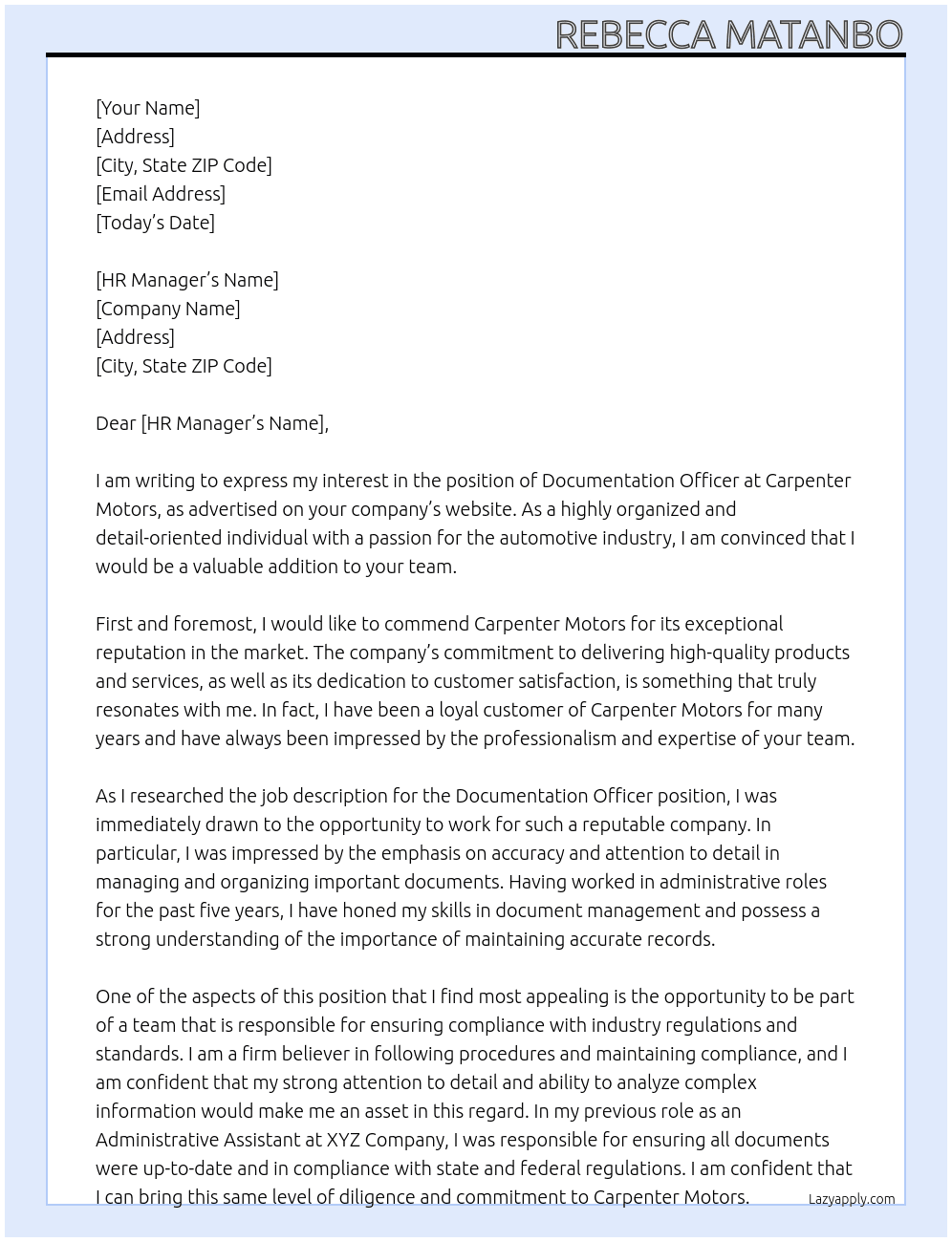 Documentation Officer At Carpenter Motors Cover Letter