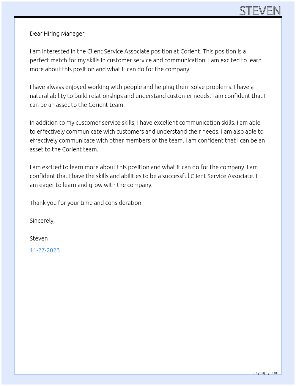 Client Service Associate At Corient Cover Letter