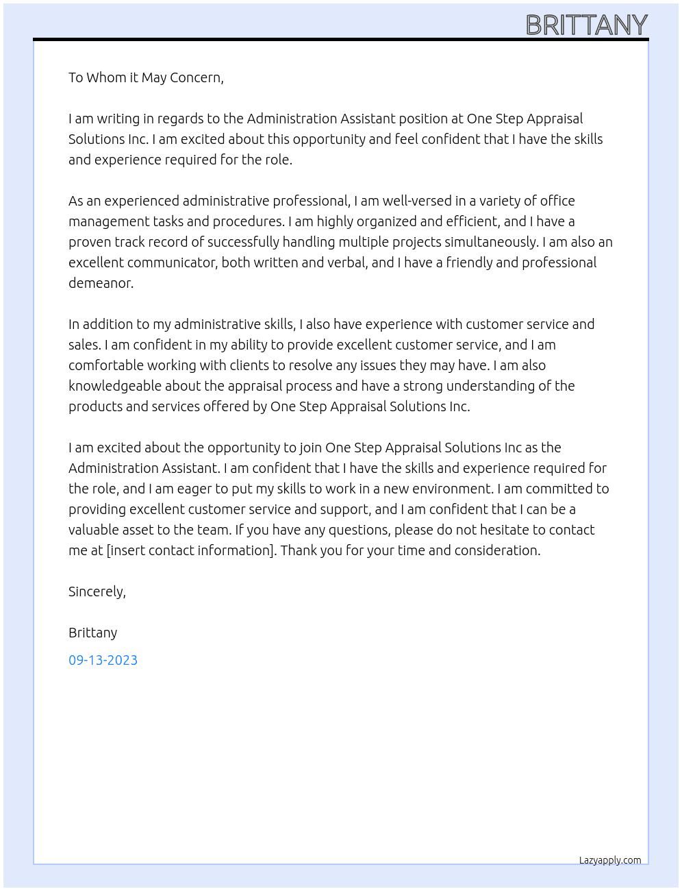 Administration Assistant At One Step Appraisal Solutions Inc Cover Letter