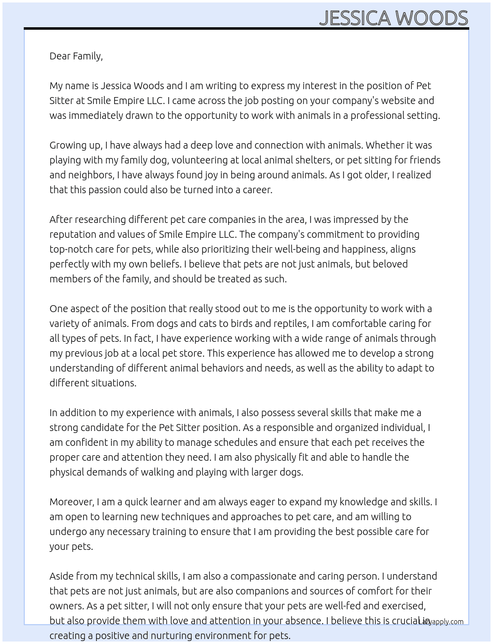 Pet Sitter At Smile Empire LLC Cover Letter