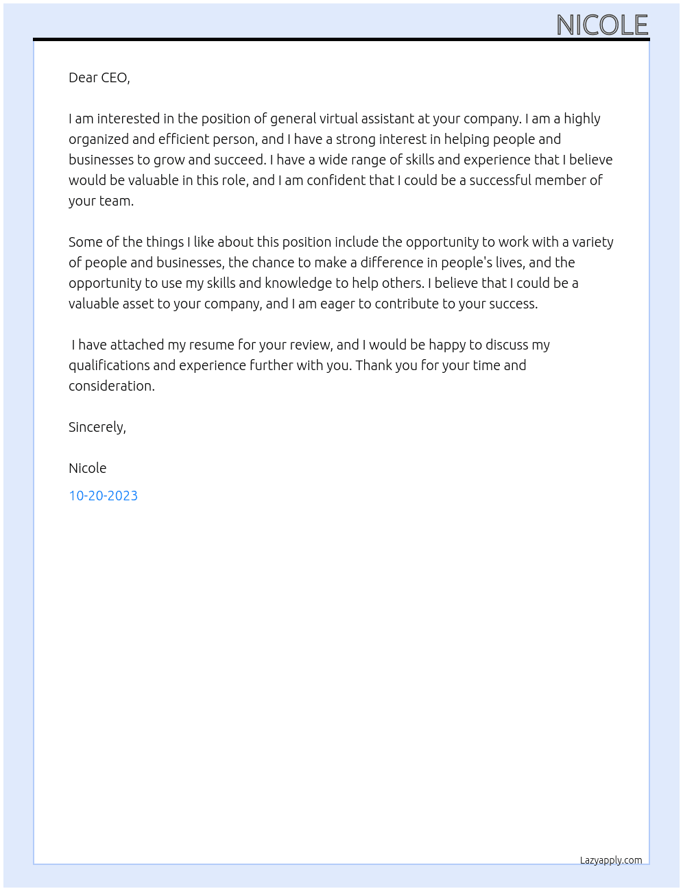 general virtual assistant At appointment setter Cover Letter