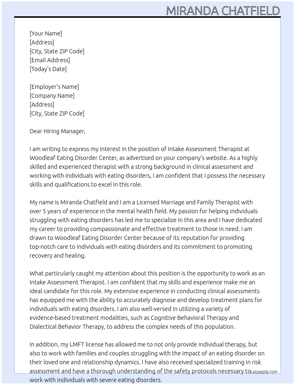 Intake Assessment Therapist At Woodleaf Eating Disorder Center Cover Letter