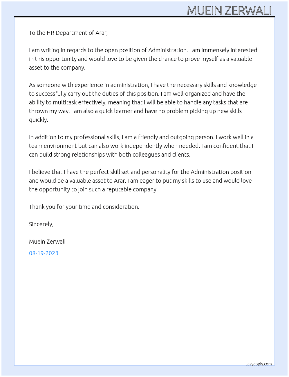Administration  At Arar Cover Letter