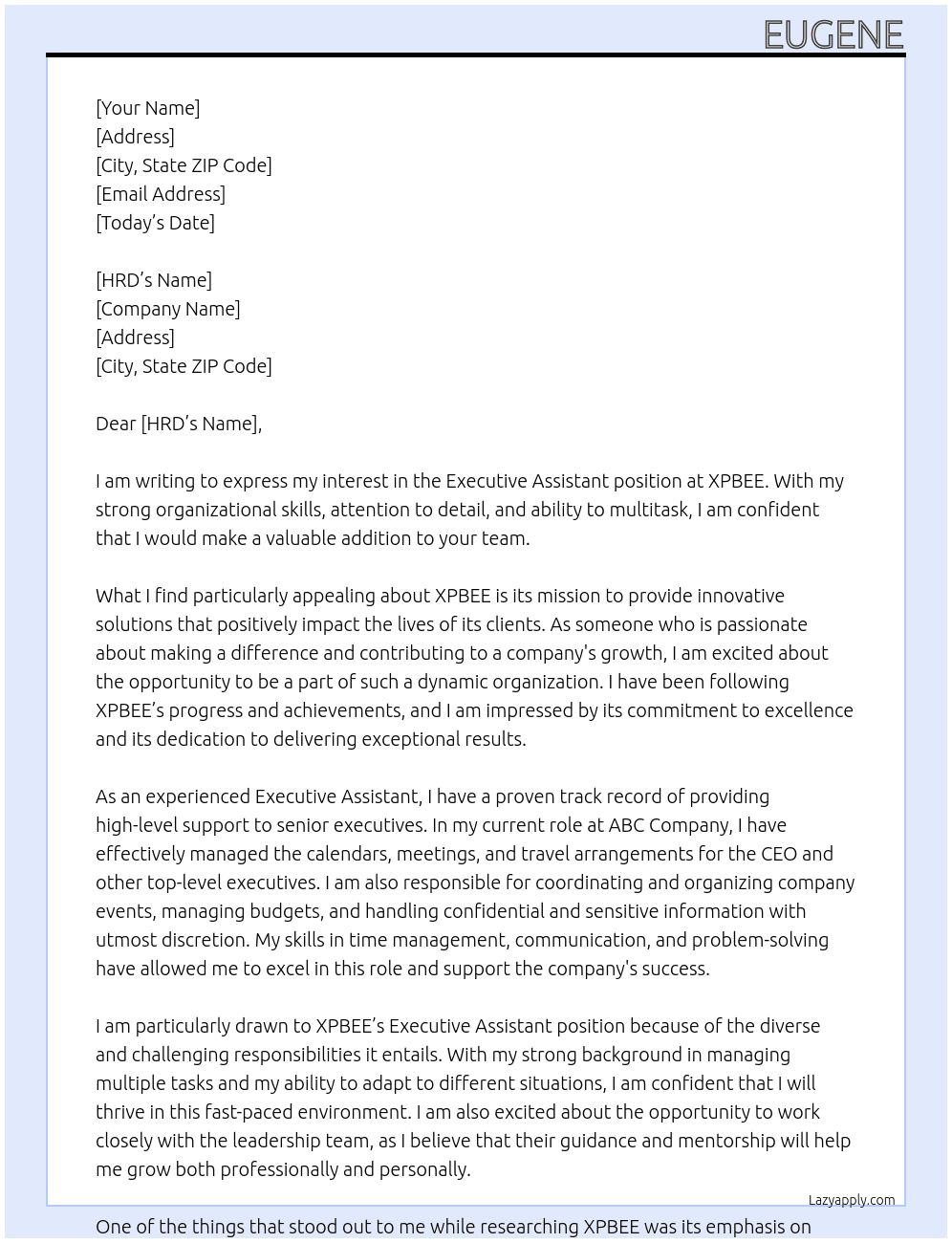 Executive Assistant At XPBEE Cover Letter