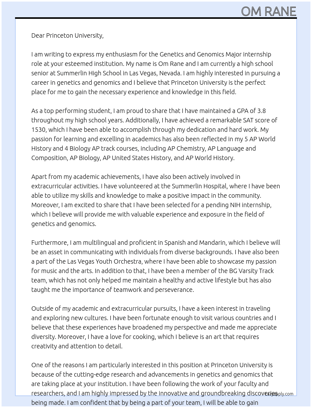 Genetics and Genomics Major At Princeton University Cover Letter