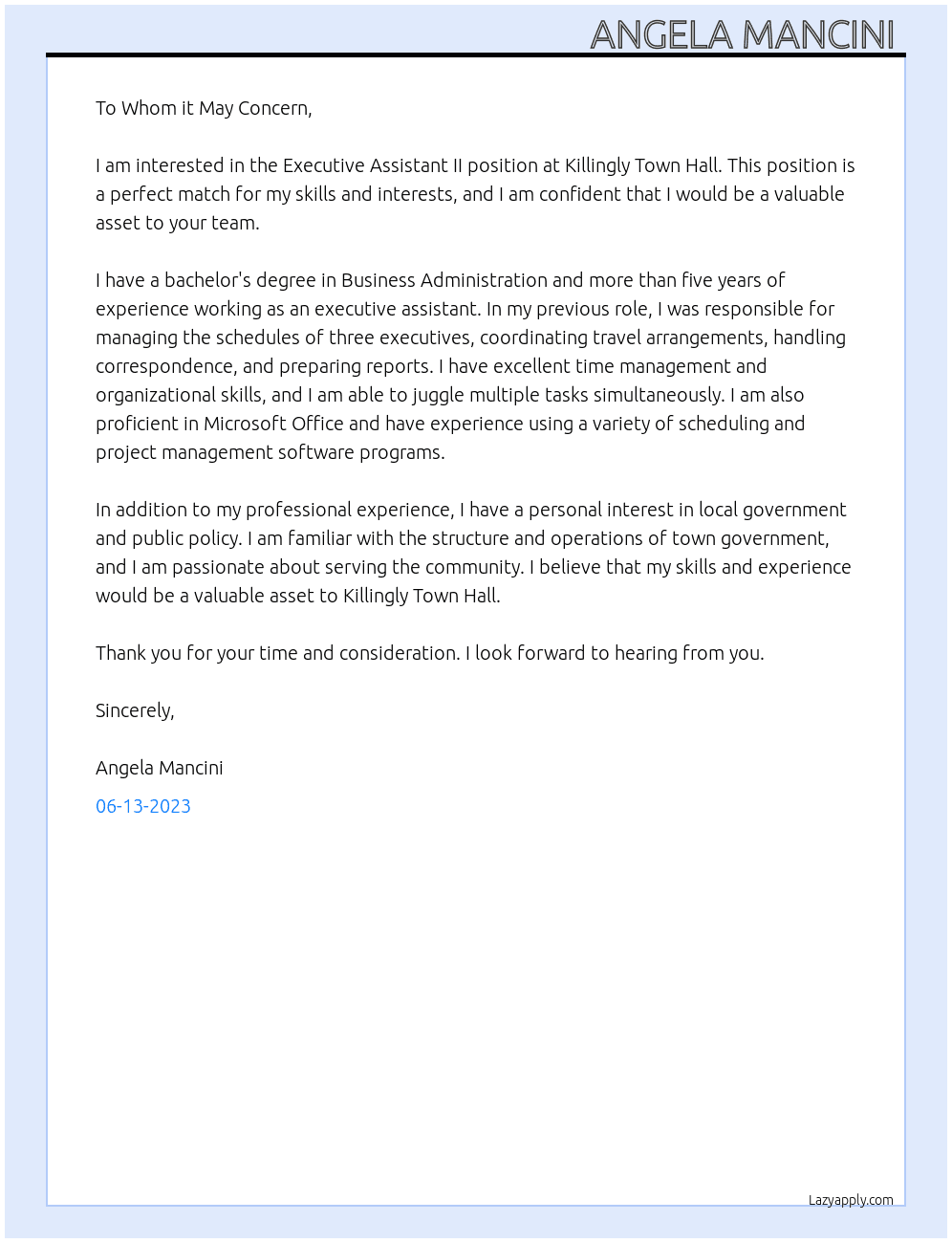Executive Assistant II At Killingly Town Hall Cover Letter