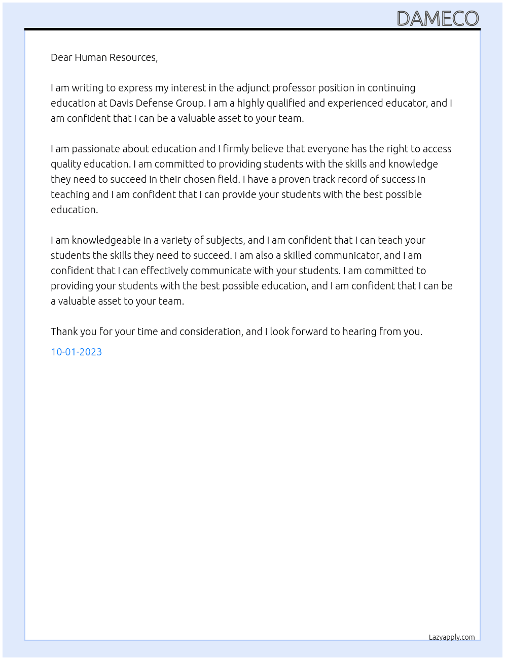 Adjunct Professor in Continuing Education At Davis Defense Group Cover Letter