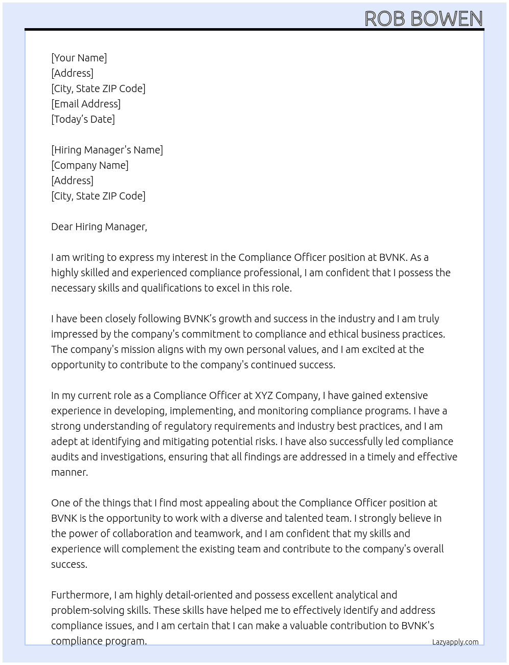 Compliance Officer At BVNK Cover Letter