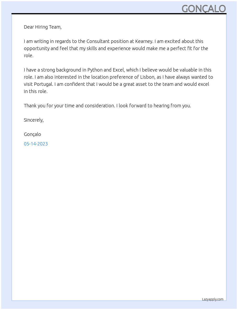 Consultant At Kearney Cover Letter