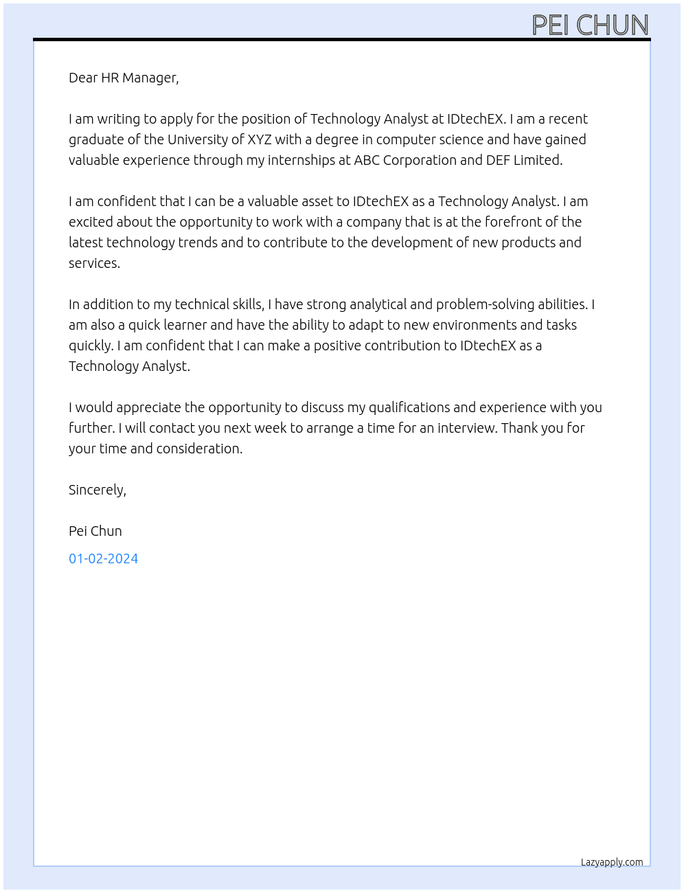 Technology Analyst At IDtechEX Cover Letter