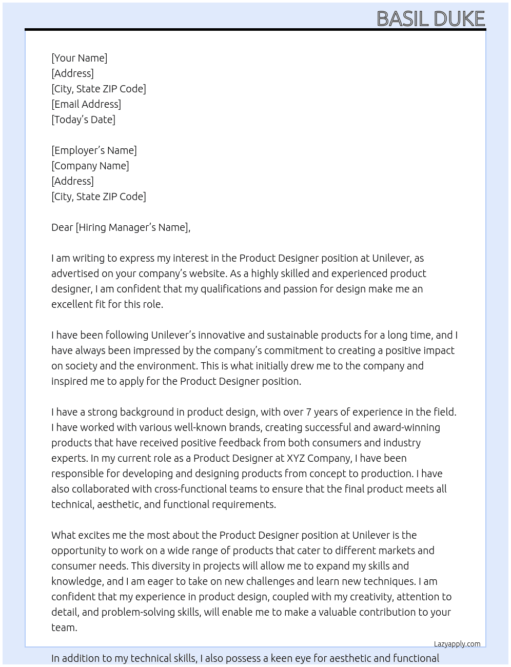 Product Designer At unilever Cover Letter