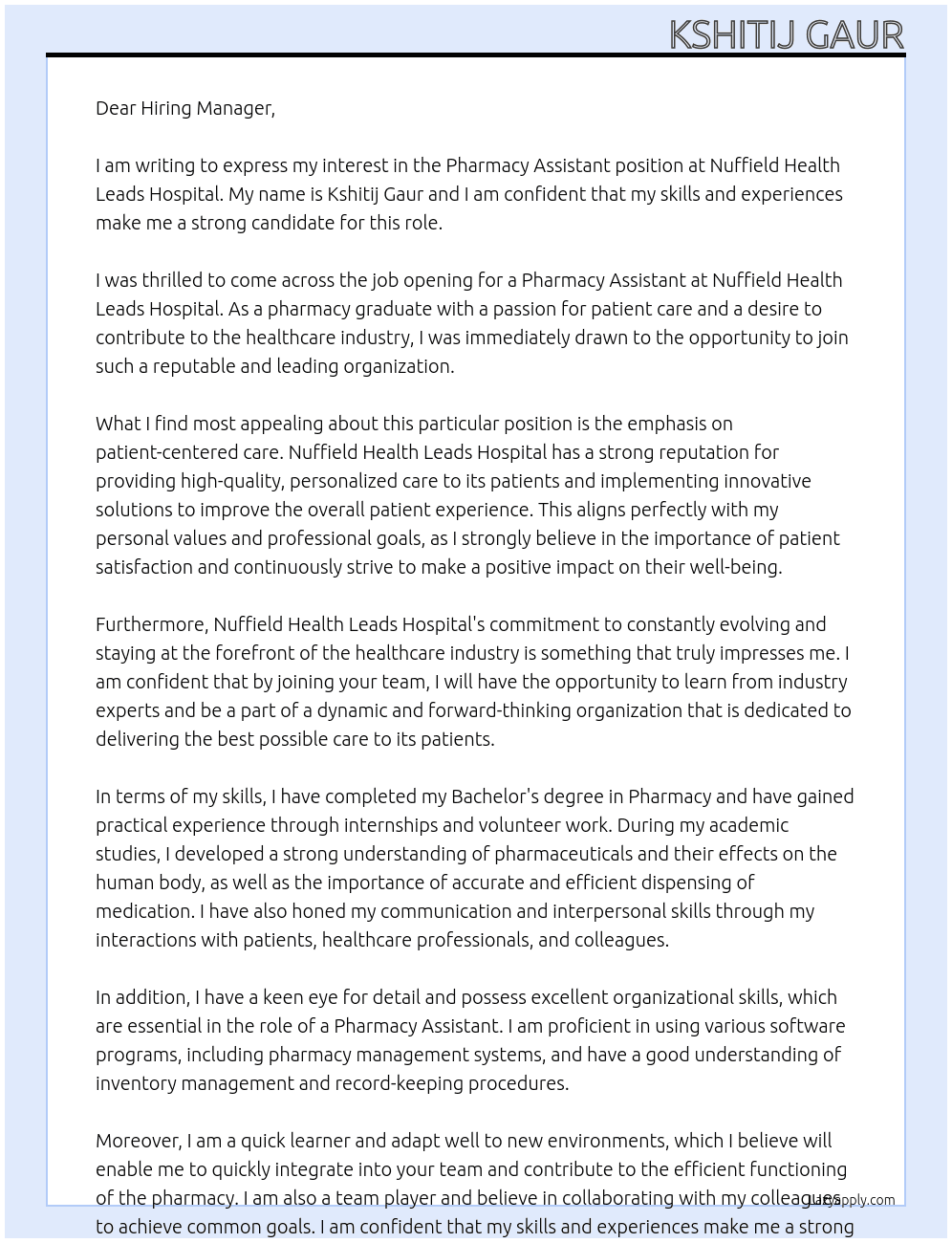 Pharmacy Assistant At Nuffield Health Leads Hospital Cover Letter
