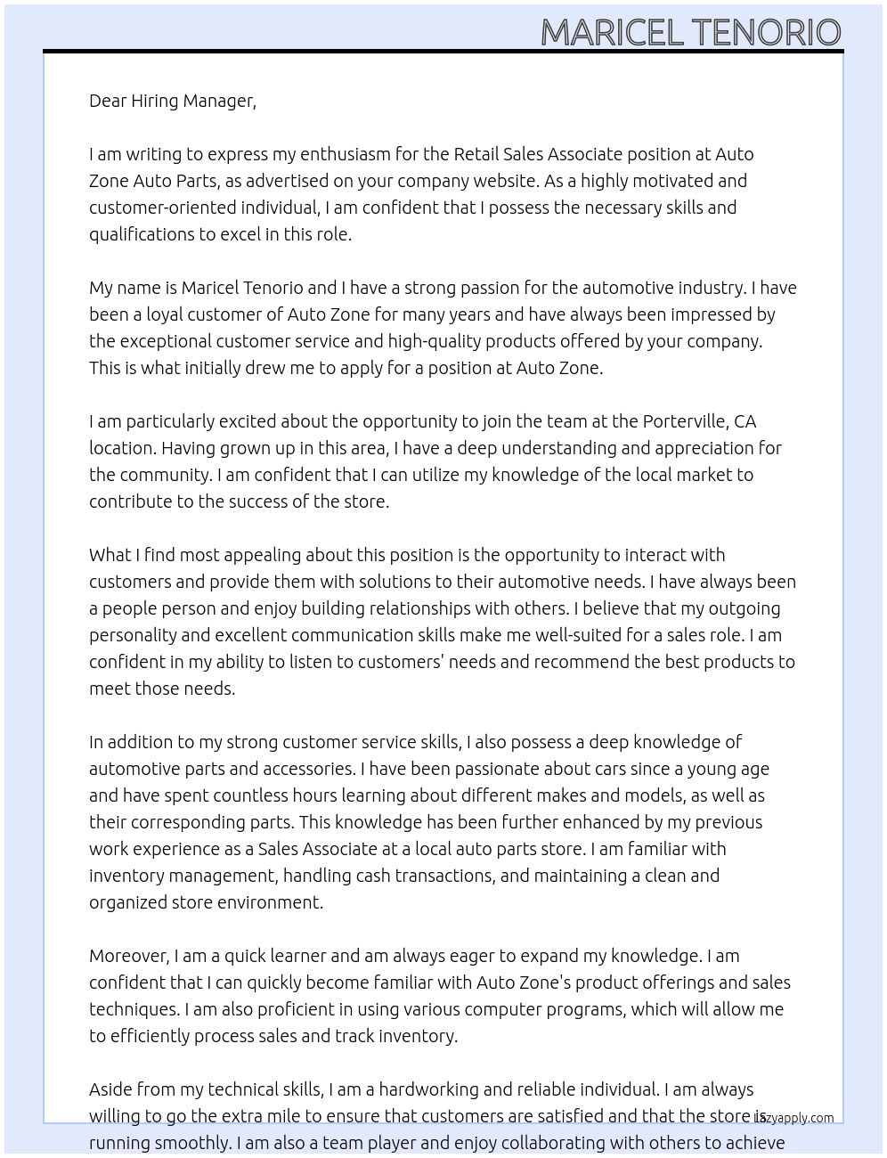 Retail Sales Associate At Auto Zone Auto Parts Cover Letter