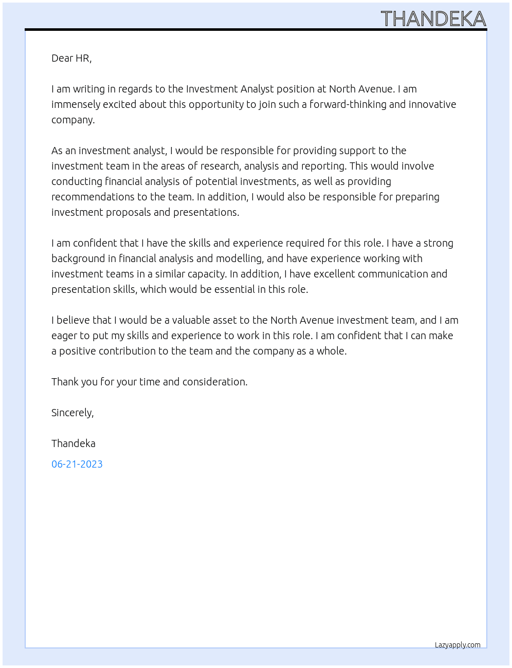 Investment Analyst At North Avenue Cover Letter