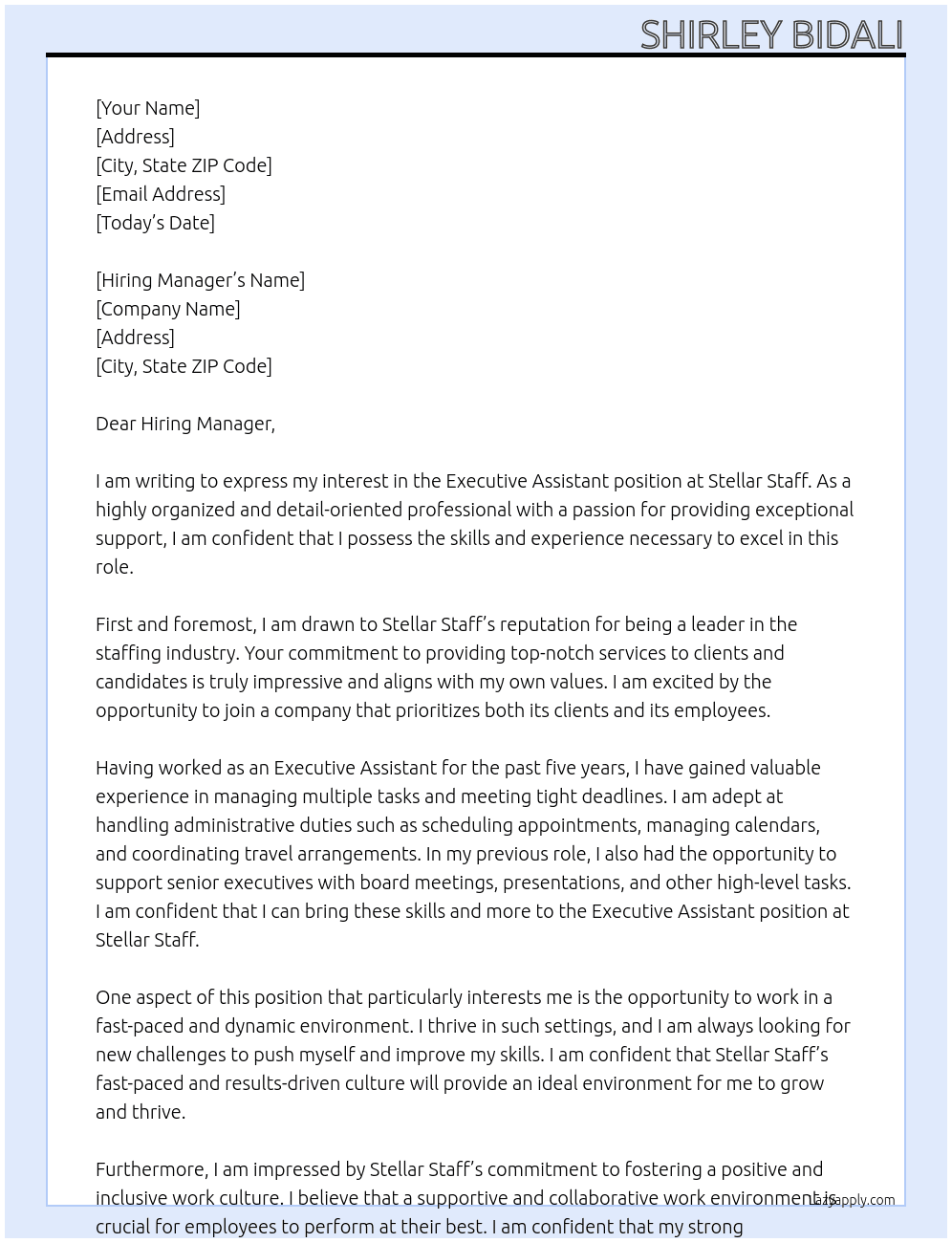 Executive Assistant At Stellar Staff Cover Letter