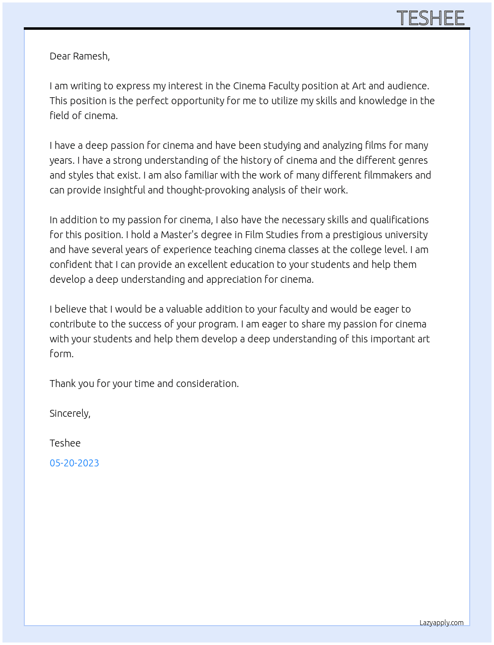 Cinema Faculty  At Art and audience Cover Letter
