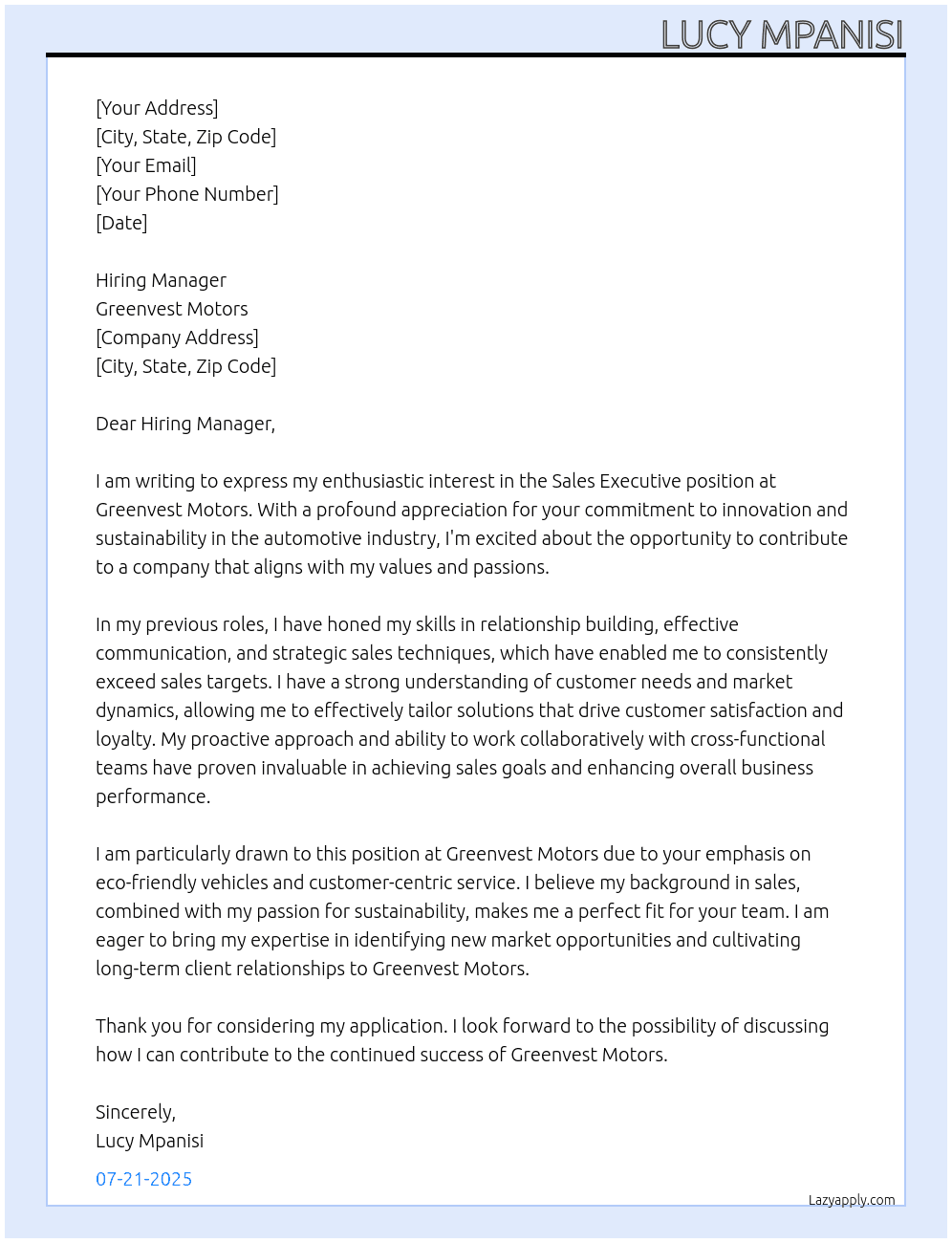 Sales executive  At Greenvest motors Cover Letter