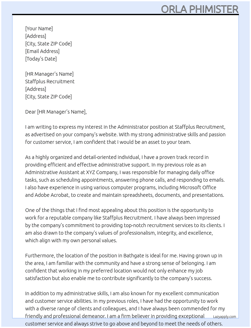 Administrator  At Staffplus Recruitment  Cover Letter
