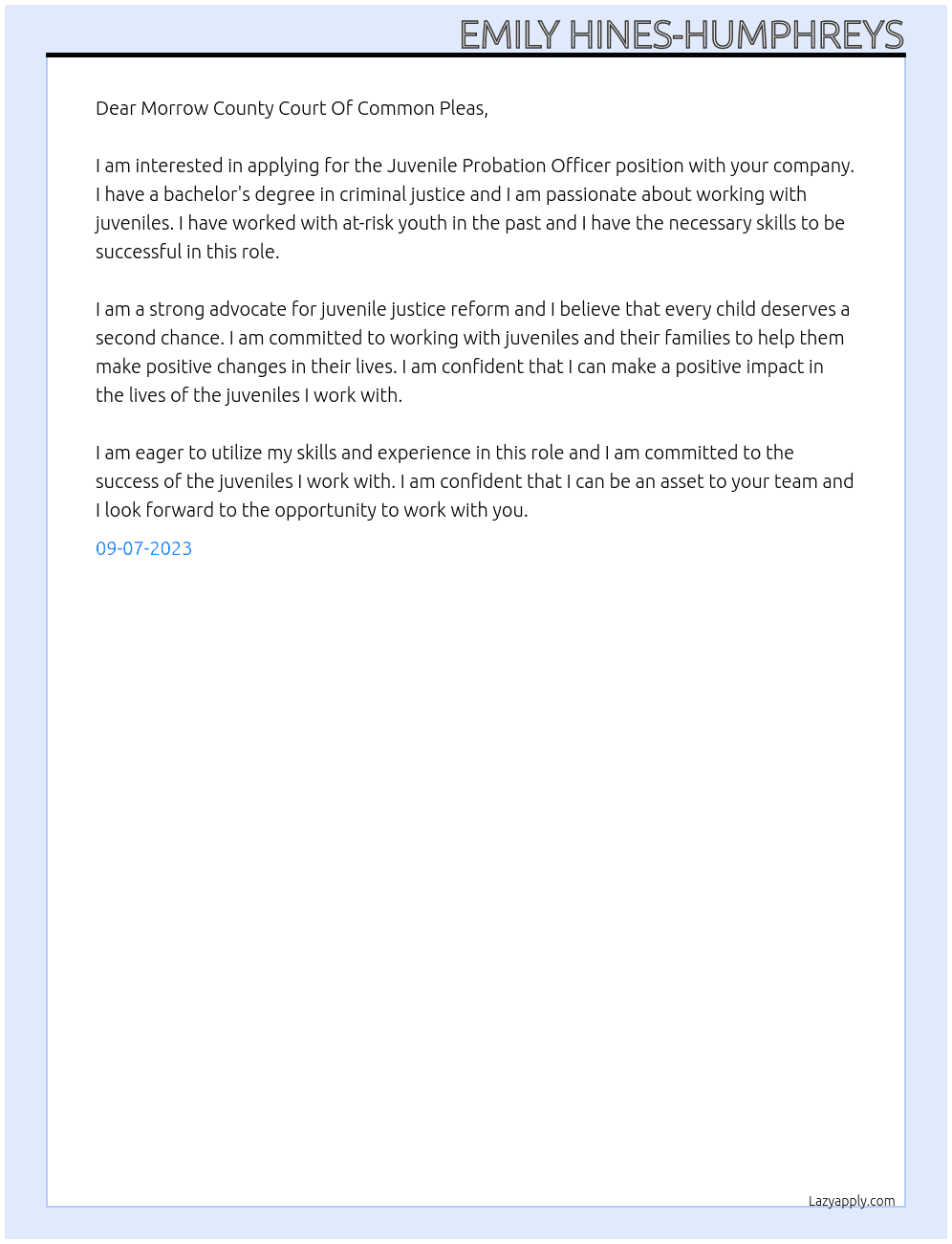 Juvenile Probation Officer  At Morrow County Court Of Common Pleas  Cover Letter