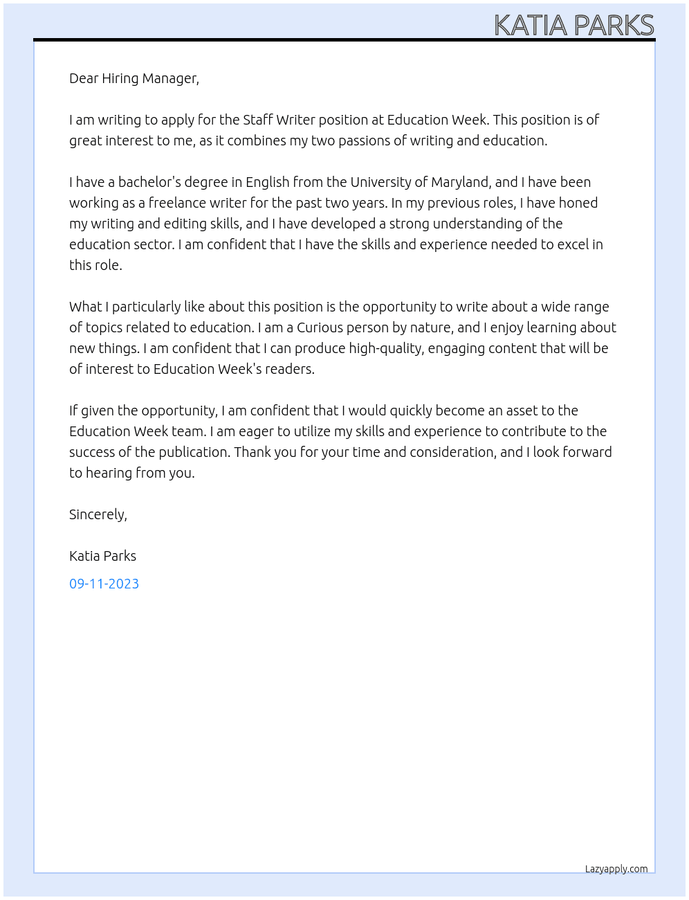 Staff Writer At Education Week Cover Letter