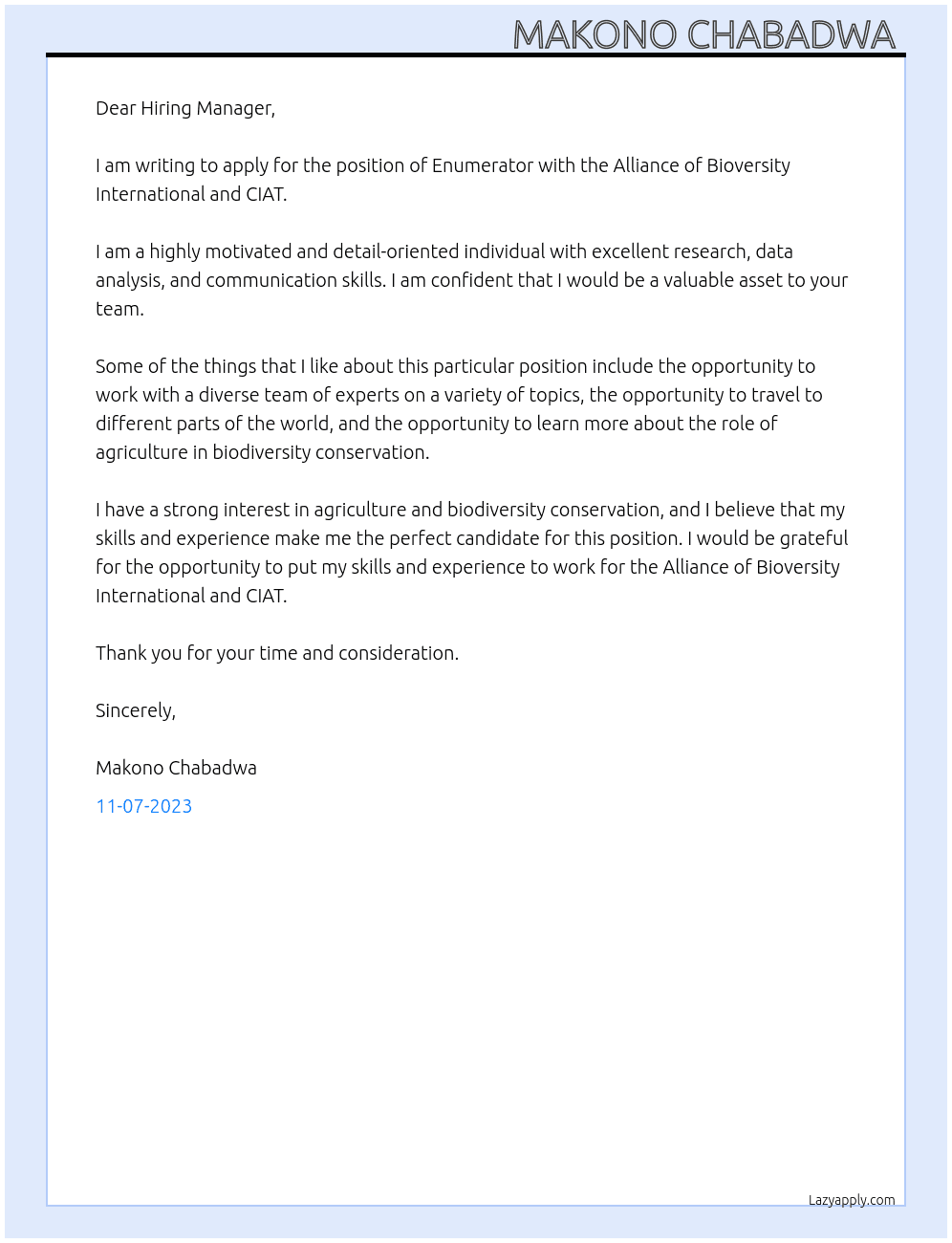 Enumerator  At Alliance of Bioversity International and CIAT  Cover Letter