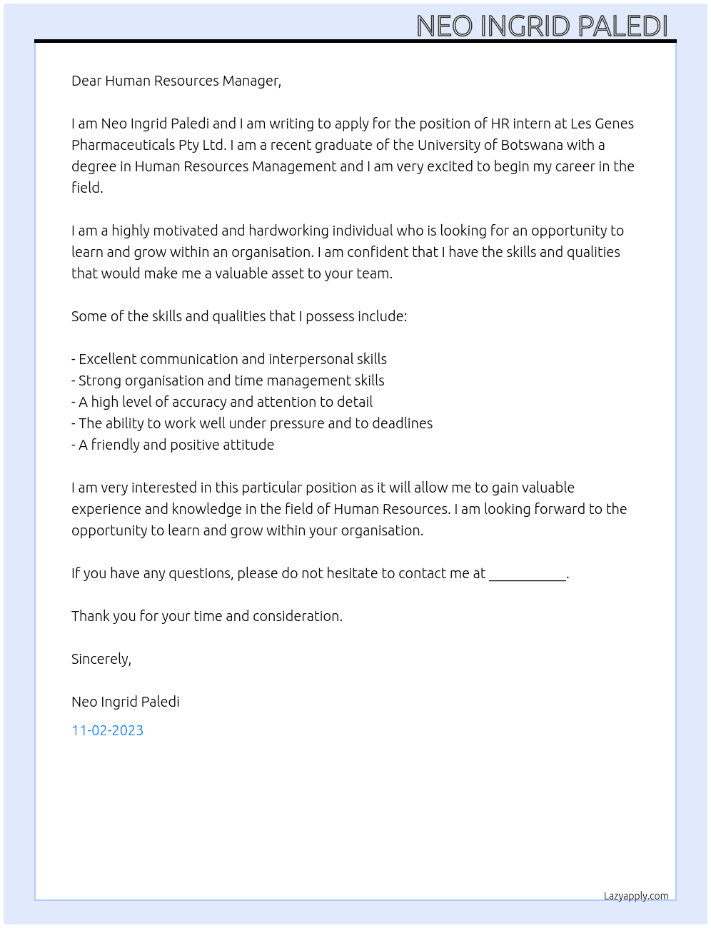 Hr intern At Les Genes Pharmaceuticals Pty Ltd Cover Letter