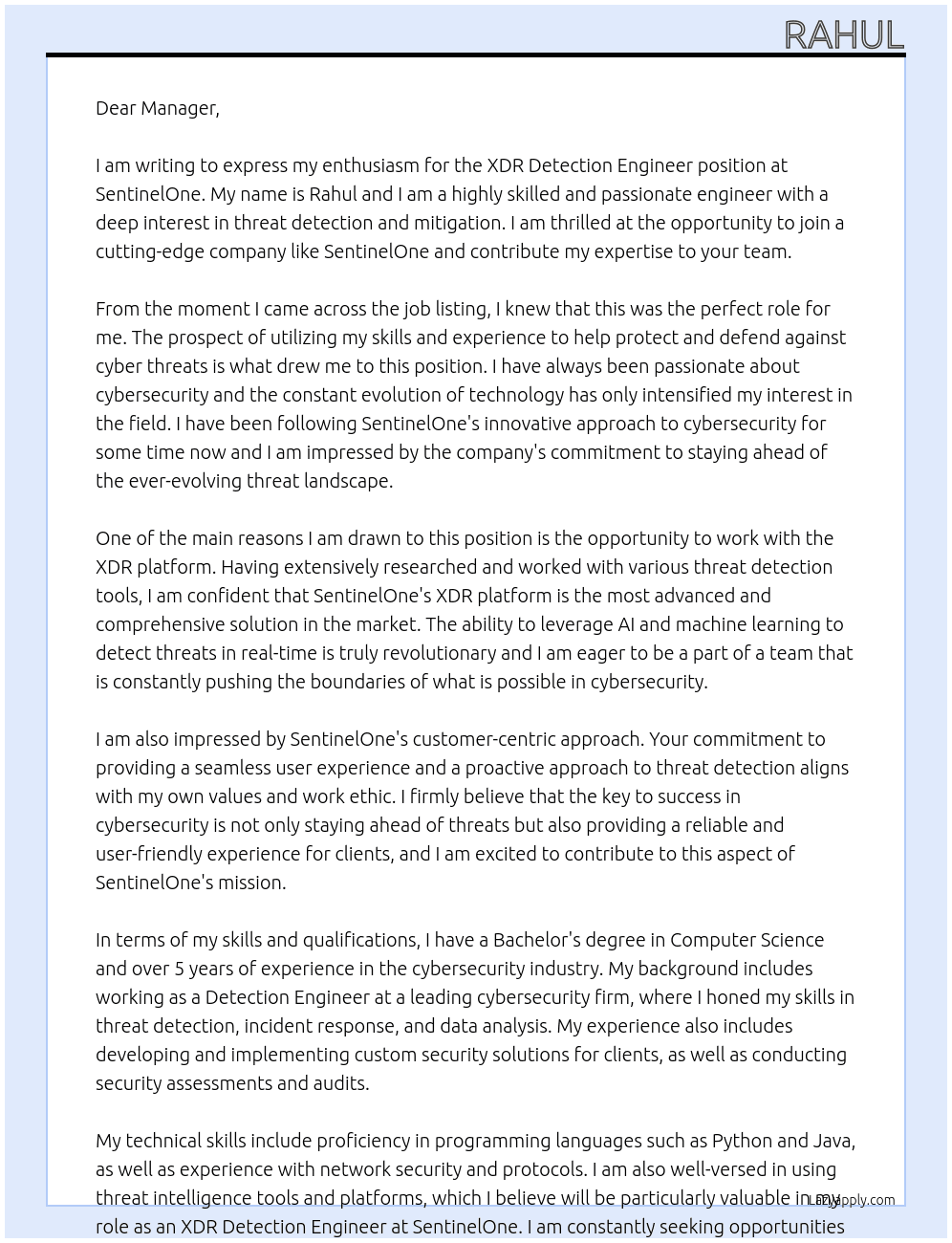 XDR Detection Engineer At SentinelOne Cover Letter