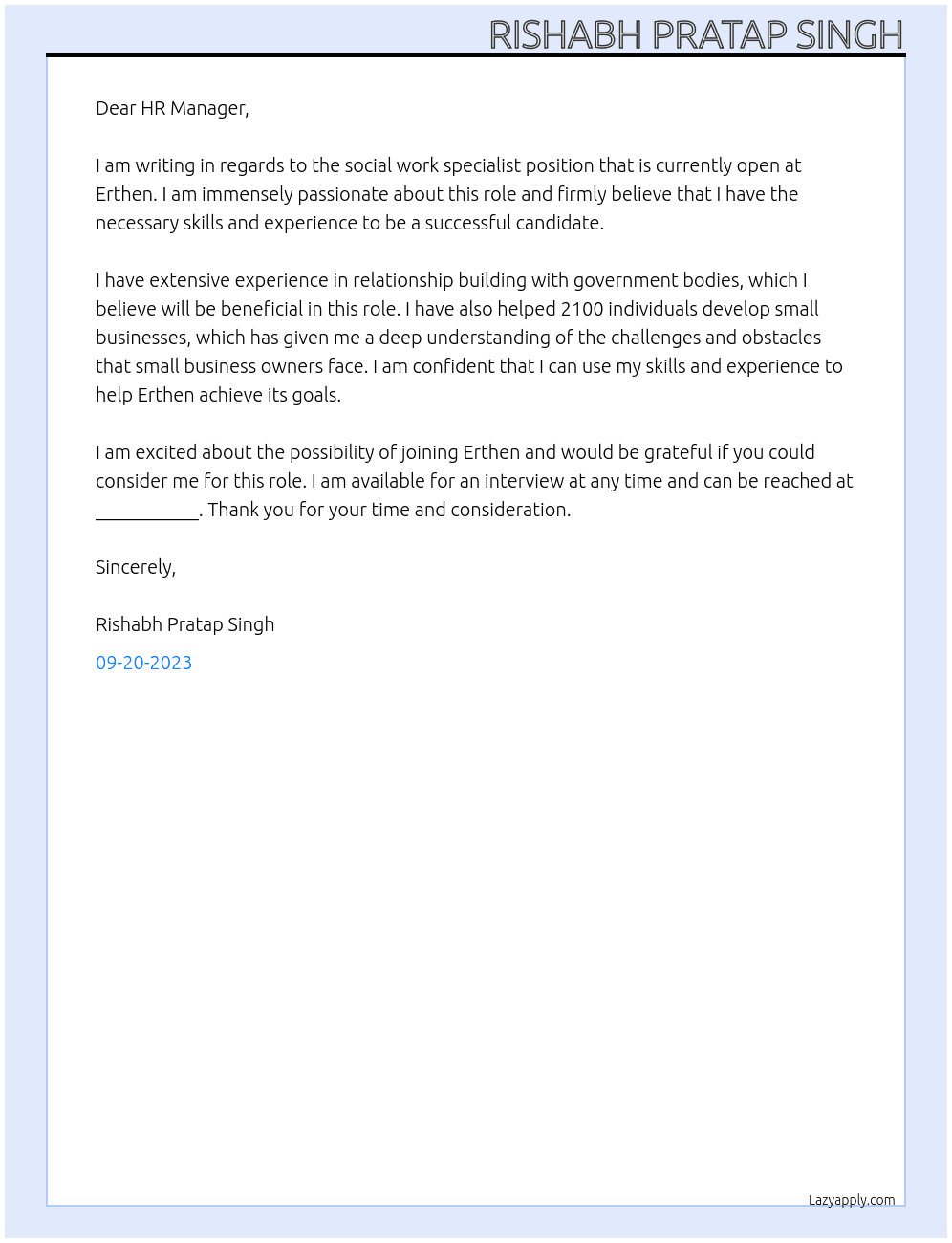 Social work specialist  At Erthen Cover Letter