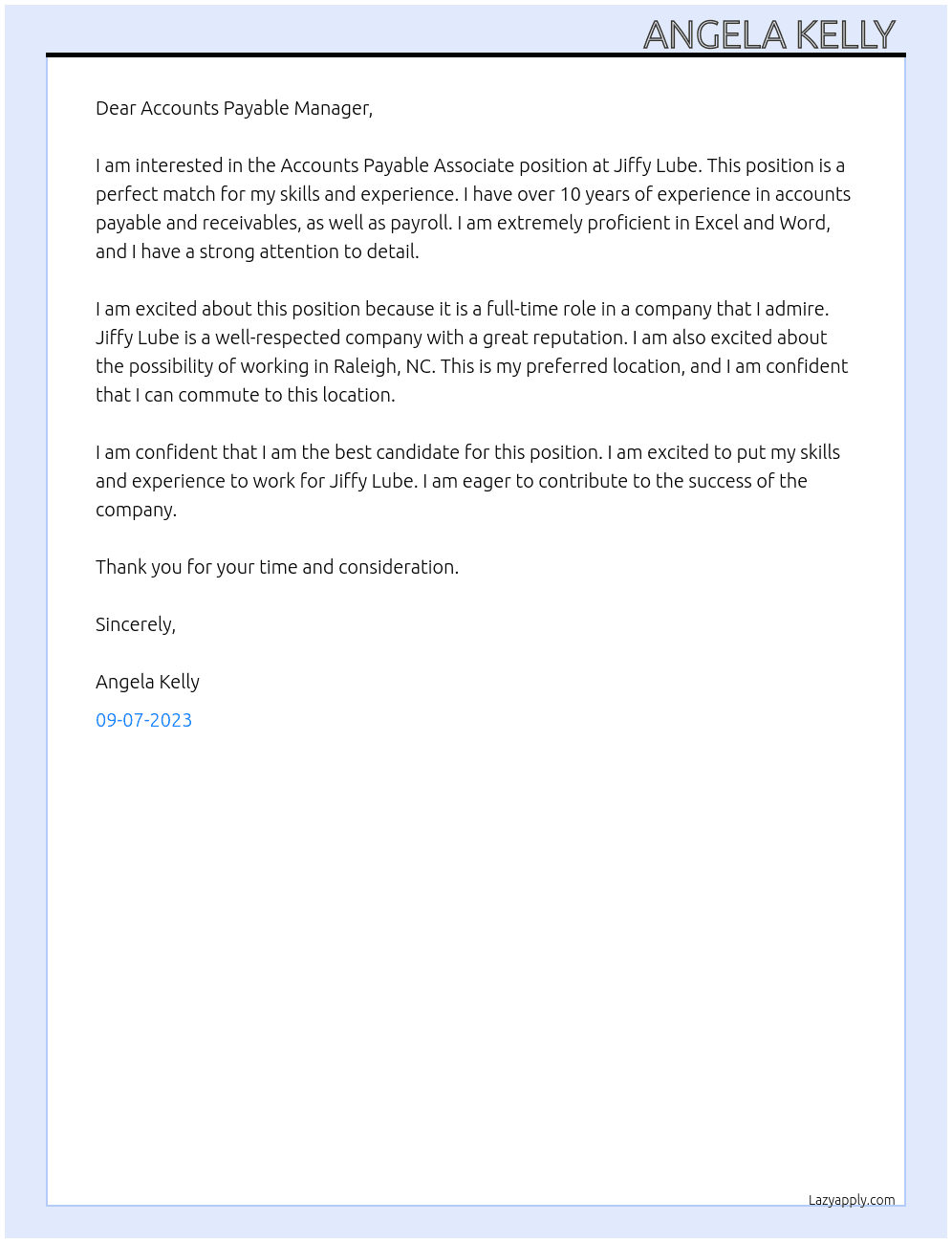 Accounts payable associate At Jiffy Lube Cover Letter