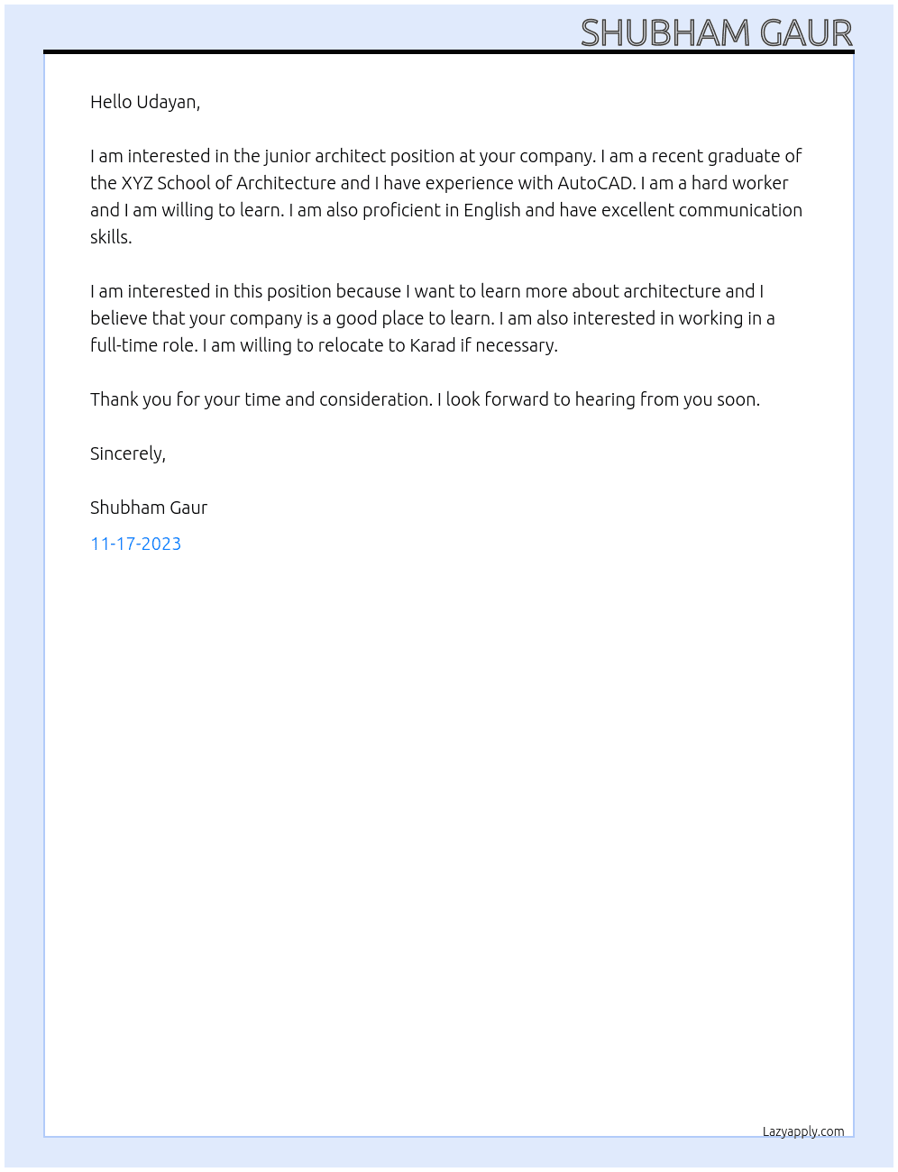 Junior architect At Udayan shrinivas kulkarni architect Cover Letter