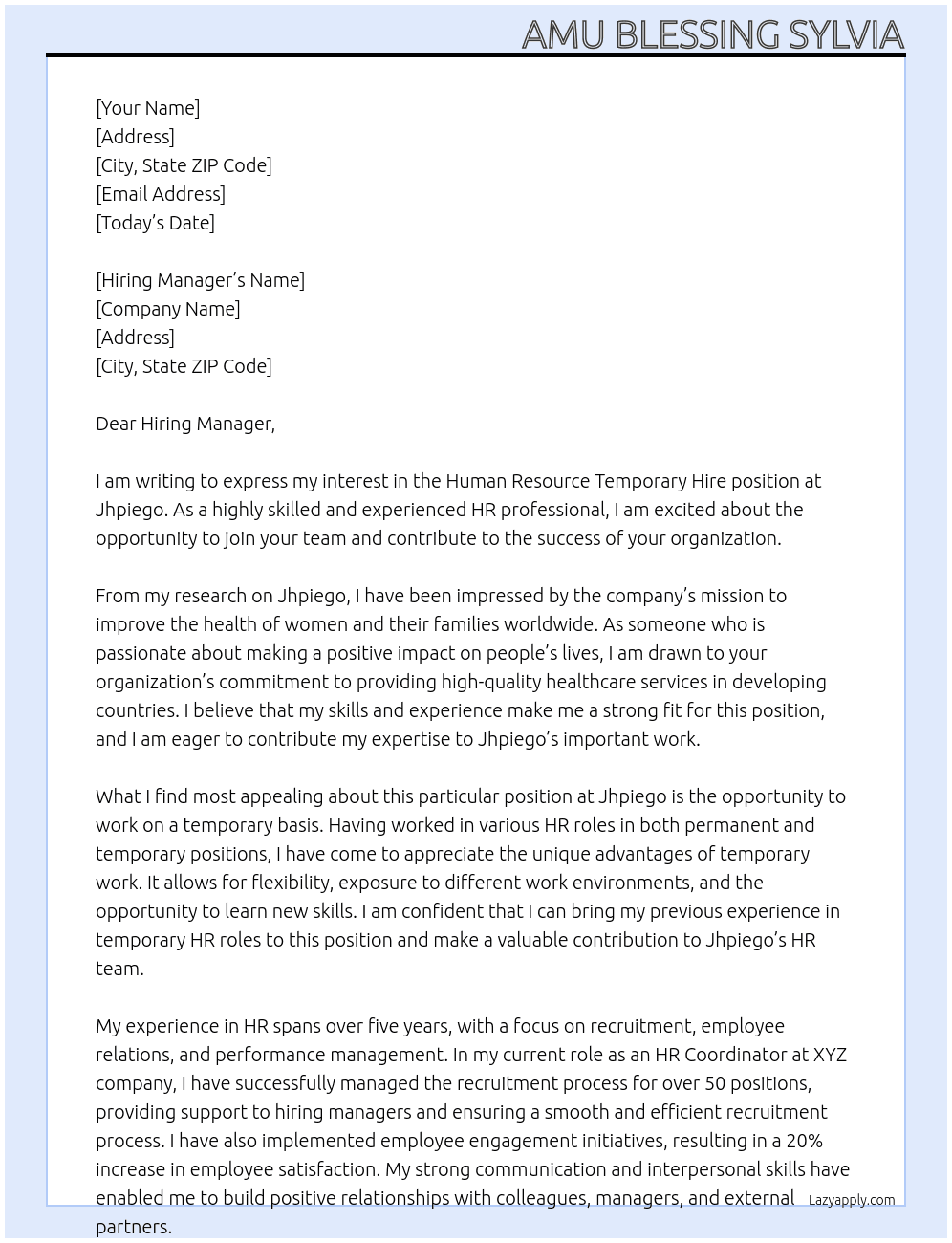 Human Resource Temporary Hire At Jhpiego Cover Letter