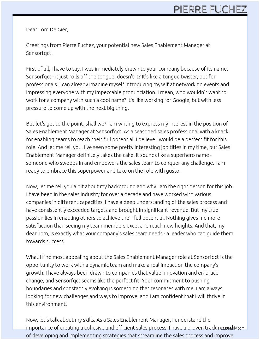 Sales Enablement Manager At Sensorfqct Cover Letter