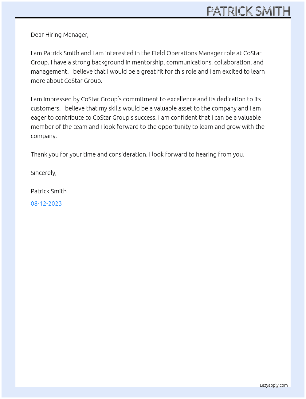 Field Operations Manager At CoStar Group Cover Letter