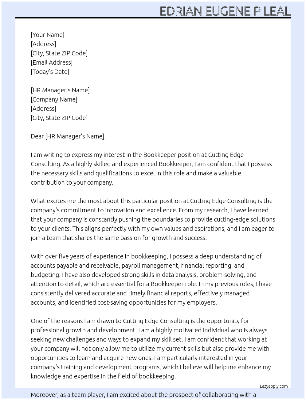 Bookkeeper At Cutting Edge Consulting  Cover Letter