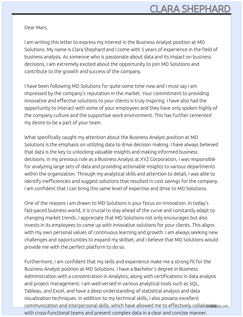 Business Analyst At MD Solutions Cover Letter