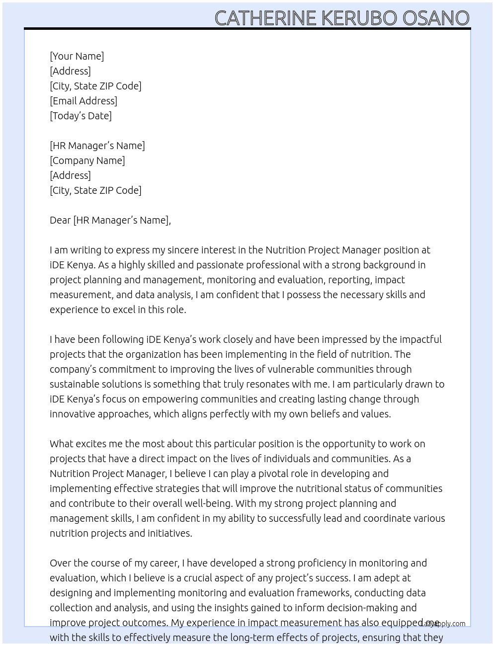 Nutrition Project Manager At iDE Kenya Cover Letter
