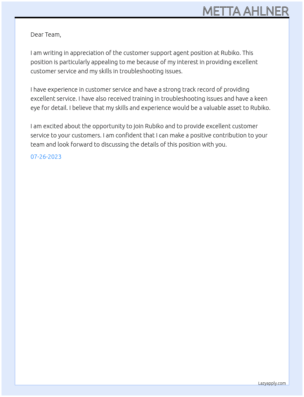 Customer support agent At Rubiko  Cover Letter