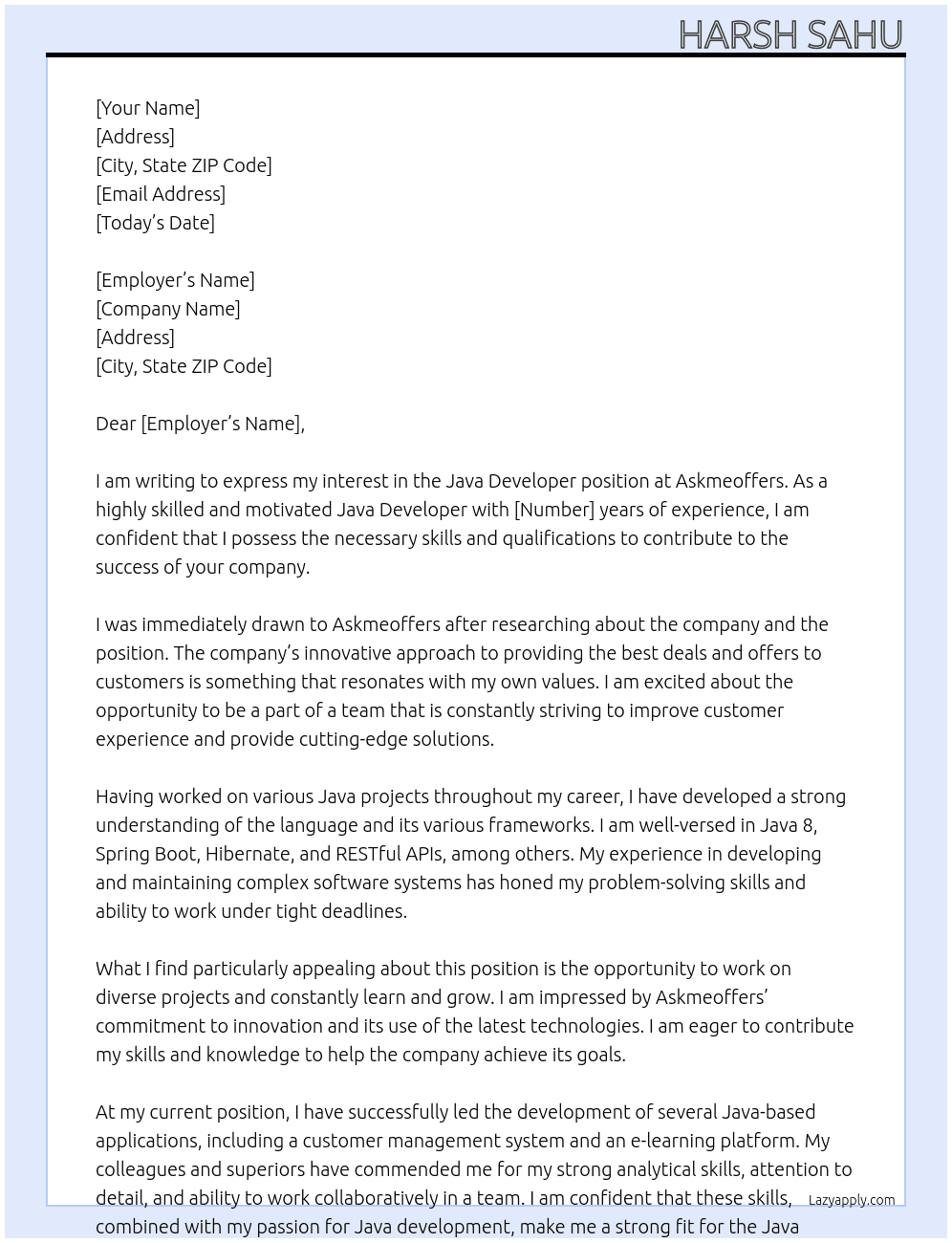 java developer  At askmeoffers Cover Letter
