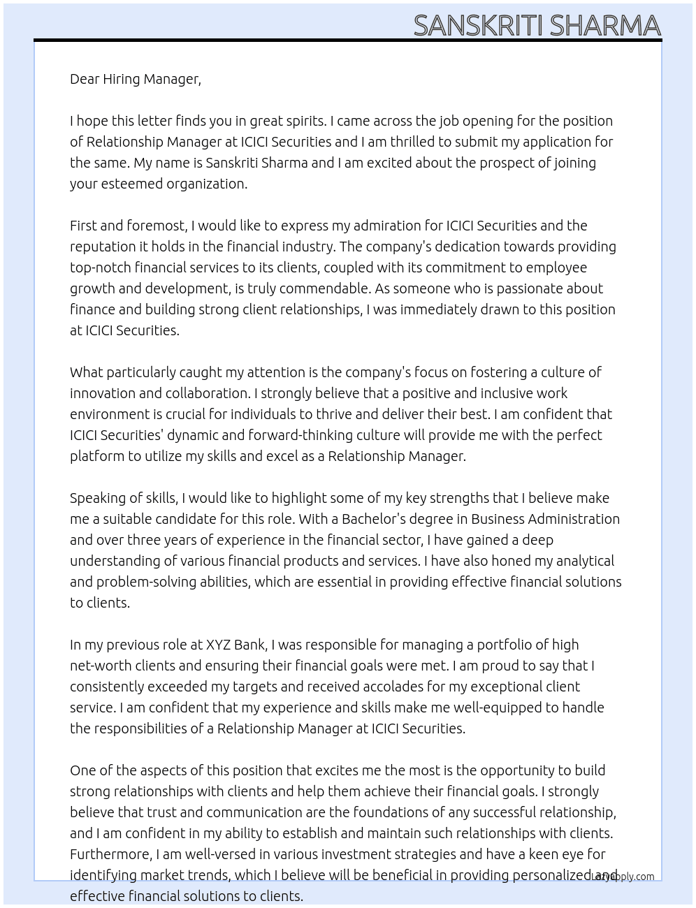 realationship manager At icici securities Cover Letter