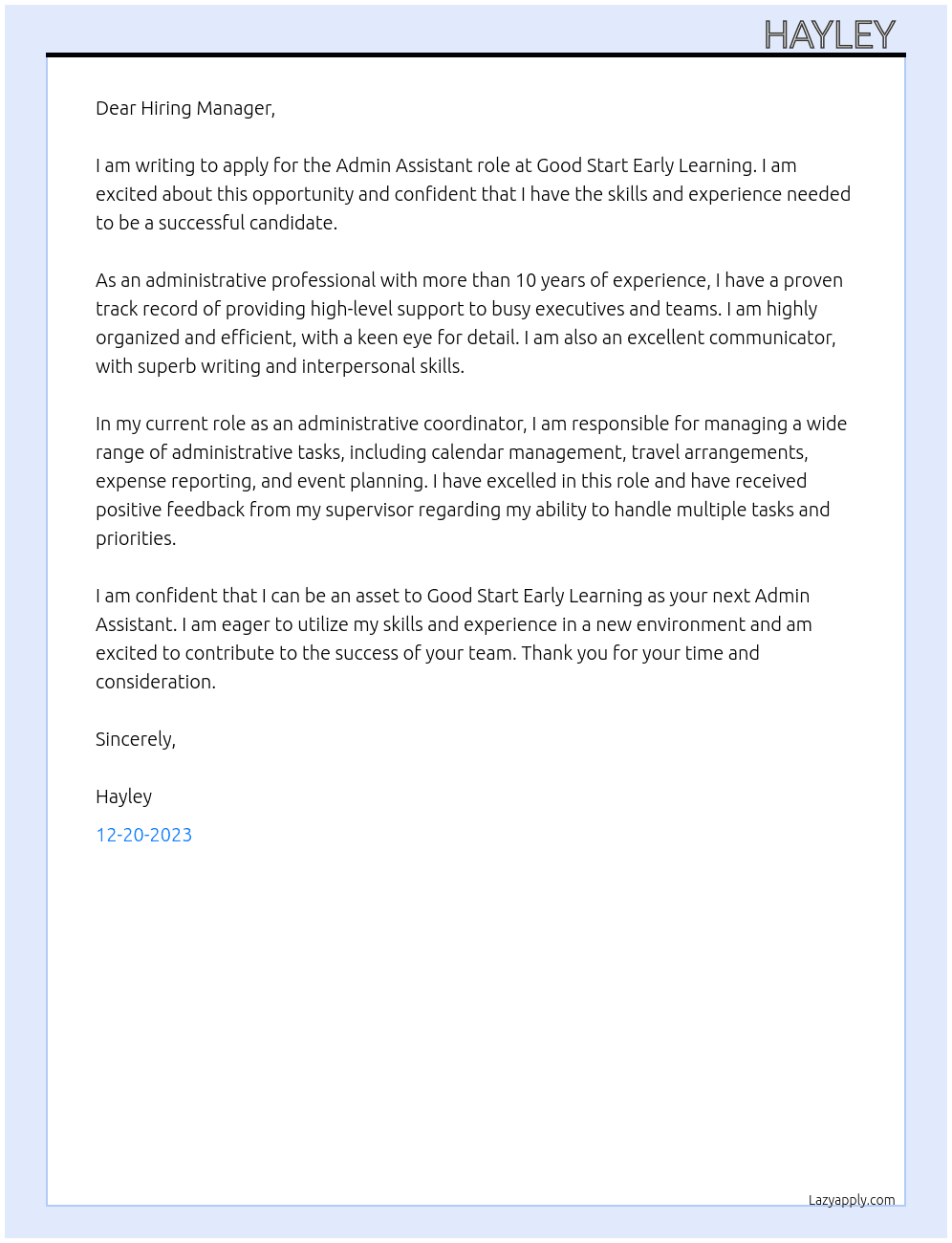 Admin Assistant  At Good Start Early Learning  Cover Letter