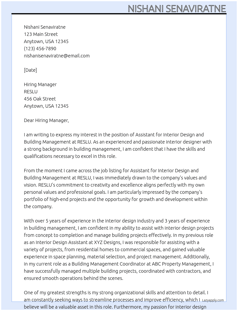 Assistant for Interior Design and Building Management  At RESLU Cover Letter