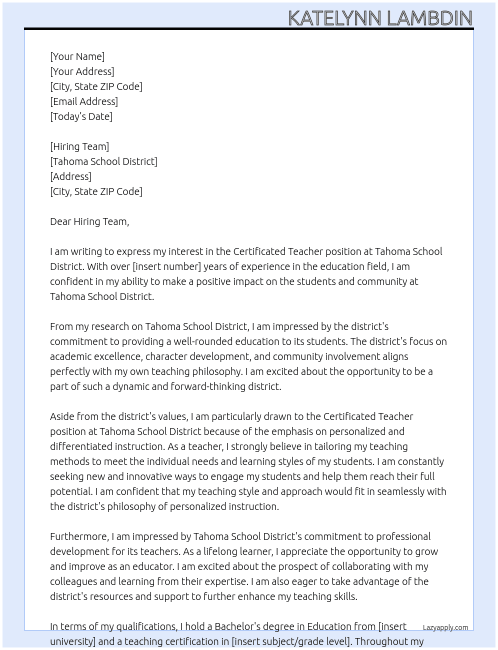 Certificated Teacher At Tahoma School District Cover Letter